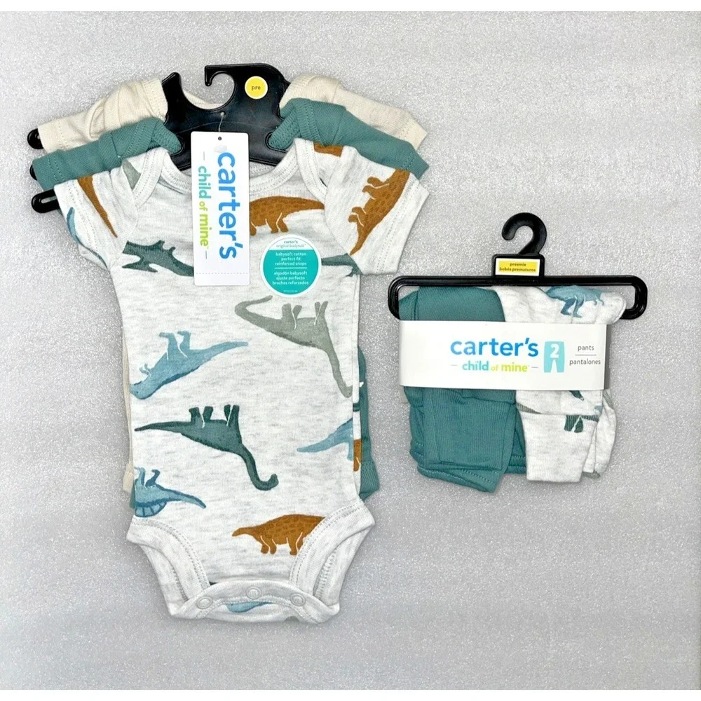 Carters Child Of Mine Baby Boy Dinosaur 5 Pieces - 3 Bodysuits & 2 Pants Preemie